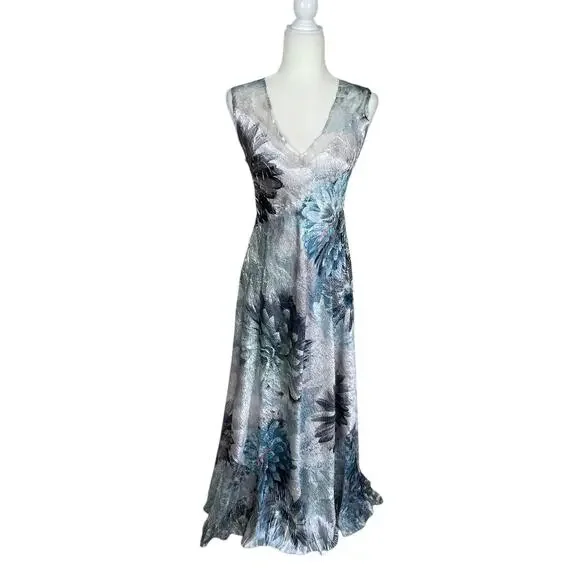 Komarov Satin Crinkle Stretch Floral Lace Maxi Dress Sz MP Whimsy Fairy Coquette - Picture 2 of 13